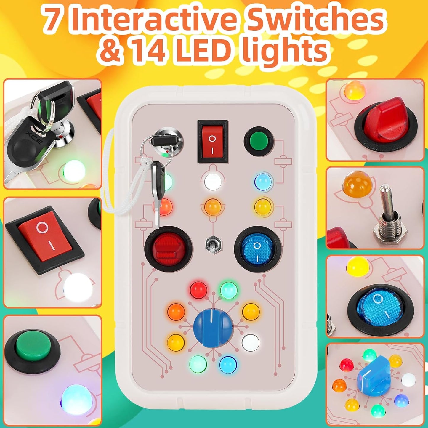 DINOTIME Busy Board, Montessori Educational Toy for 1 2 3 Years Old with LED Light, Travel Toys for 1+ Year Old Toddler Baby