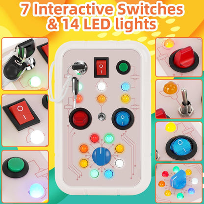 DINOTIME Busy Board, Montessori Educational Toy for 1 2 3 Years Old with LED Light, Travel Toys for 1+ Year Old Toddler Baby