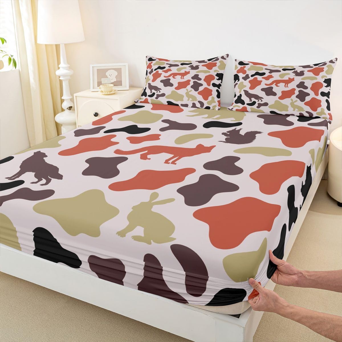Manfei Musical Kids Fitted Sheet Full Size, MusicalGuitar Radio Drum Kit Headset Print Bedding Set 3pcs for Boys Girls, Rock Music Bed Cover with 2 Pillowcases, Soft Polyester Bedding, No Top Sheet