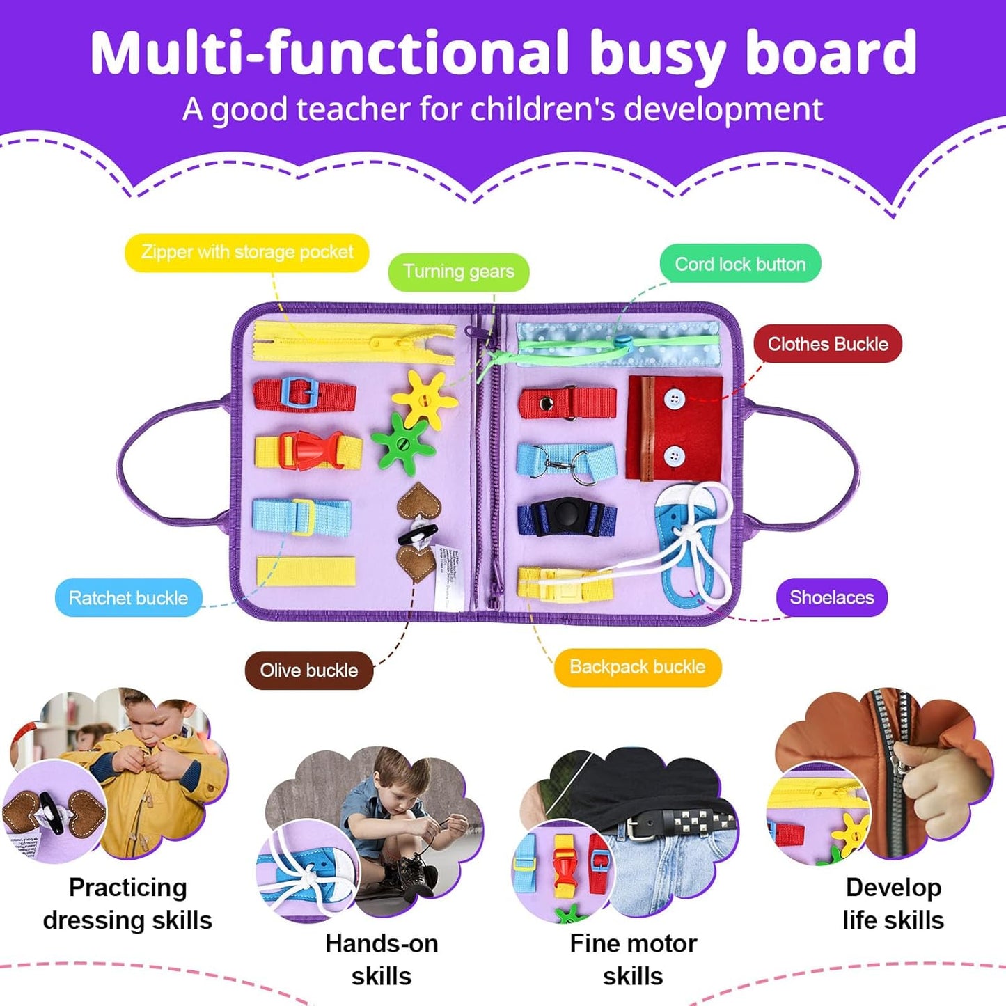 JHkim Busy Board Montessori Toys for 1 2 3 4 Year Old Boys Girls Gifts, Sensory Toy for Toddlers 1-3, Educational Activities Travel Toy for Airplane Car, Busy Book for Learning Fine Motor Skills,Blue