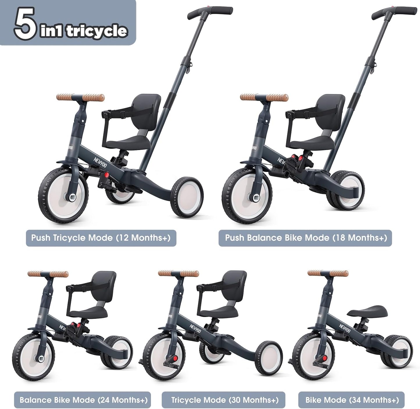 newyoo Toddler Tricycle with Push Handle for 1-3 Year Old, Toddler Bike, Birthday Gift and Toy for Boys and Girls, 5 in 1 Kids Trike, Balance Bike with Backrest and Safety Belt, Khaki, TR007