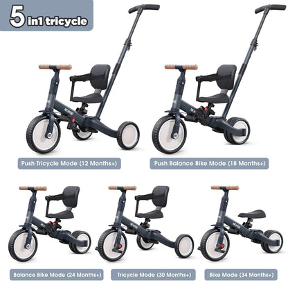 newyoo Toddler Tricycle with Push Handle for 1-3 Year Old, Toddler Bike, Birthday Gift and Toy for Boys and Girls, 5 in 1 Kids Trike, Balance Bike with Backrest and Safety Belt, Khaki, TR007