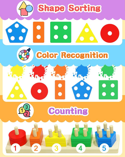 Tonberless Montessori Toys for 1 2 3 Year Old Boy Girl, Toys for Ages 2-4 Toddlers Kids Baby, 1 2 Year Old Boy Girl Birthday Gifts, Wooden Learning Puzzles Shape Sorter Toys for Toddlers 1-3