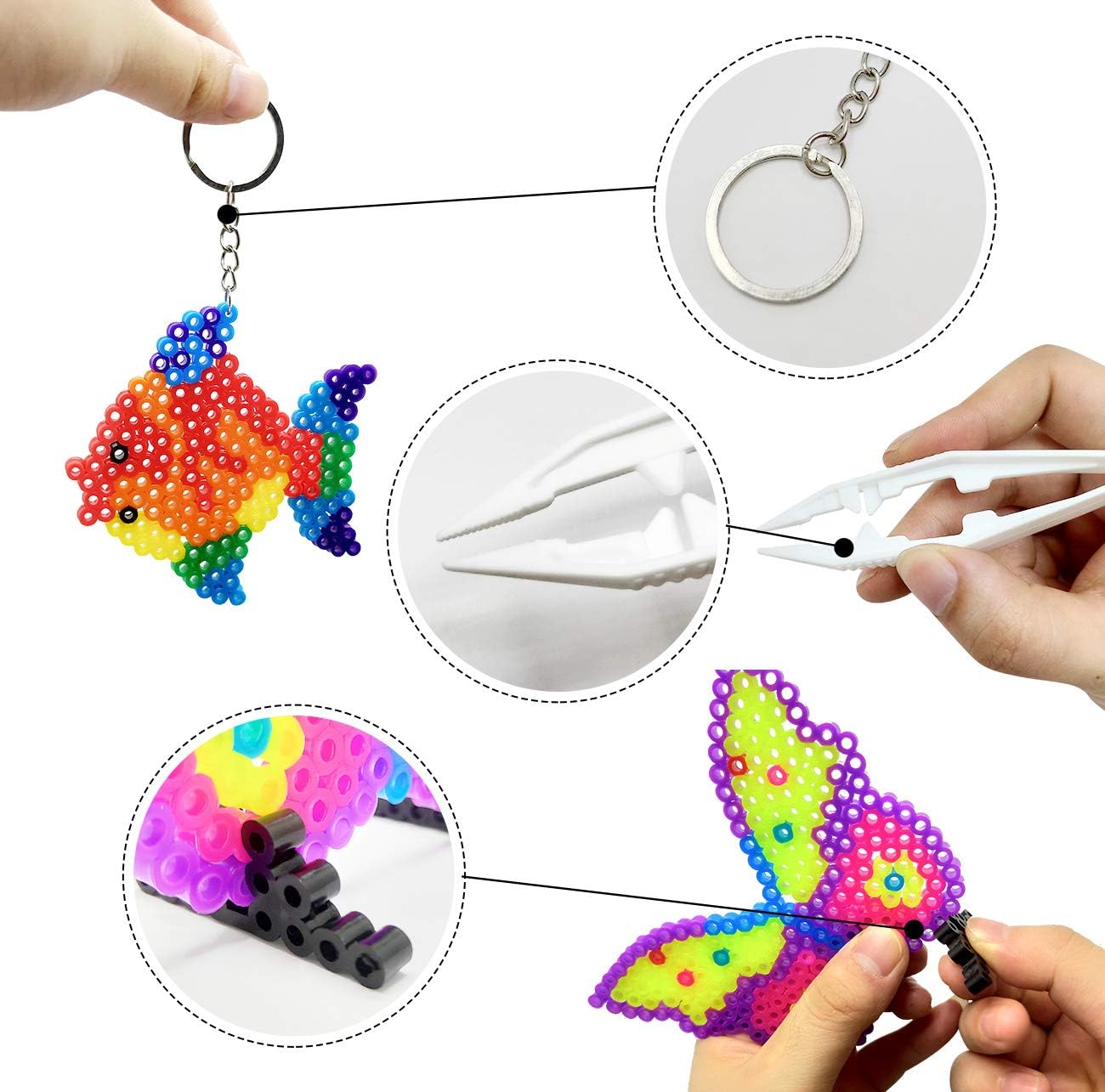 Hifunwu 20 PCS 5mm Fuse Beads Boards Clear Plastic Fuse Beads Pegboards with 20 Colorful Cards, 4 Tweezers, 10 Hang Ropes, 10 Keychains, 20 Small Hoops and 10 Holders