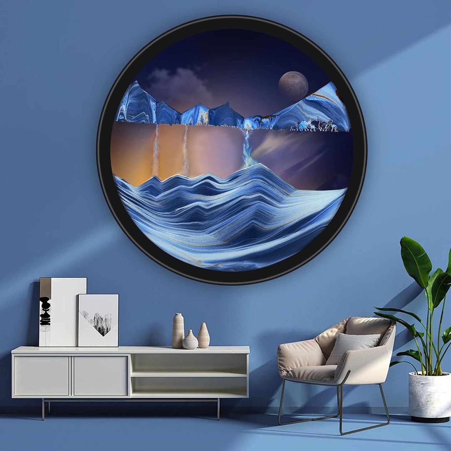 17.3" Moving Sand Art, 3D Sand Art Pictures Deep Sea Sandscape Living Room Decoration, 360° Rotate, Glass Crafts Solid Wood Frame, Relaxing Mood Home Office Work Wall Art Decor