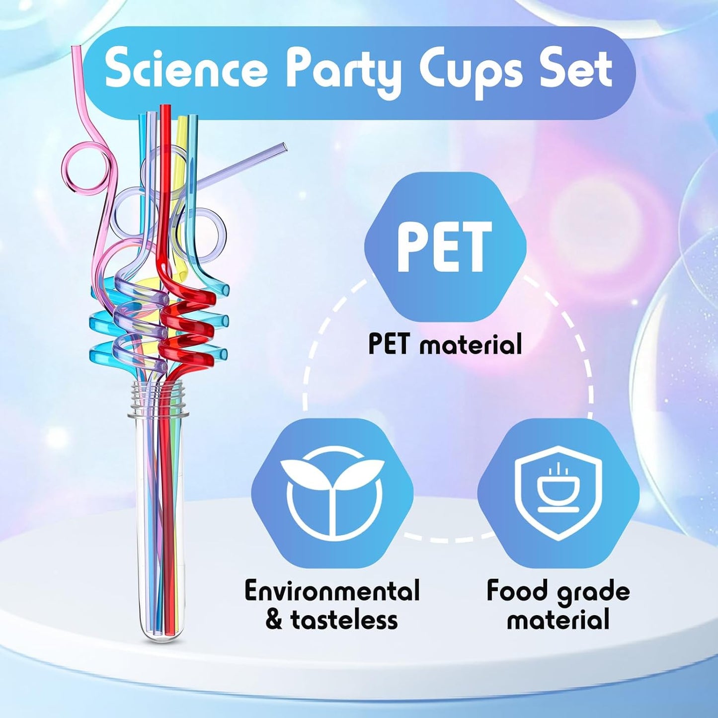 Jingmore 36 Pcs Science Party Theme Cups Set with Silly Loop Straws Science Stickers Plastic Reusable Small Conical Flask Bottles Test Tubes for Birthday Party Decorations(Spherical Bottles)