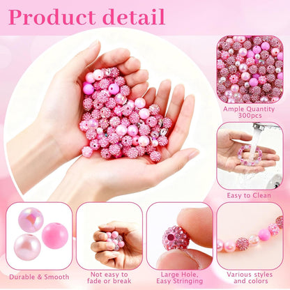 300 Pcs Diamonds Beads for Jewelry Making, Included 10 mm Red Rhinestone Beads for Bracelets, Bubblegum Bead for Pen Making, Pearl and Spacer Bead for Bracelet Necklace Earring Crafting