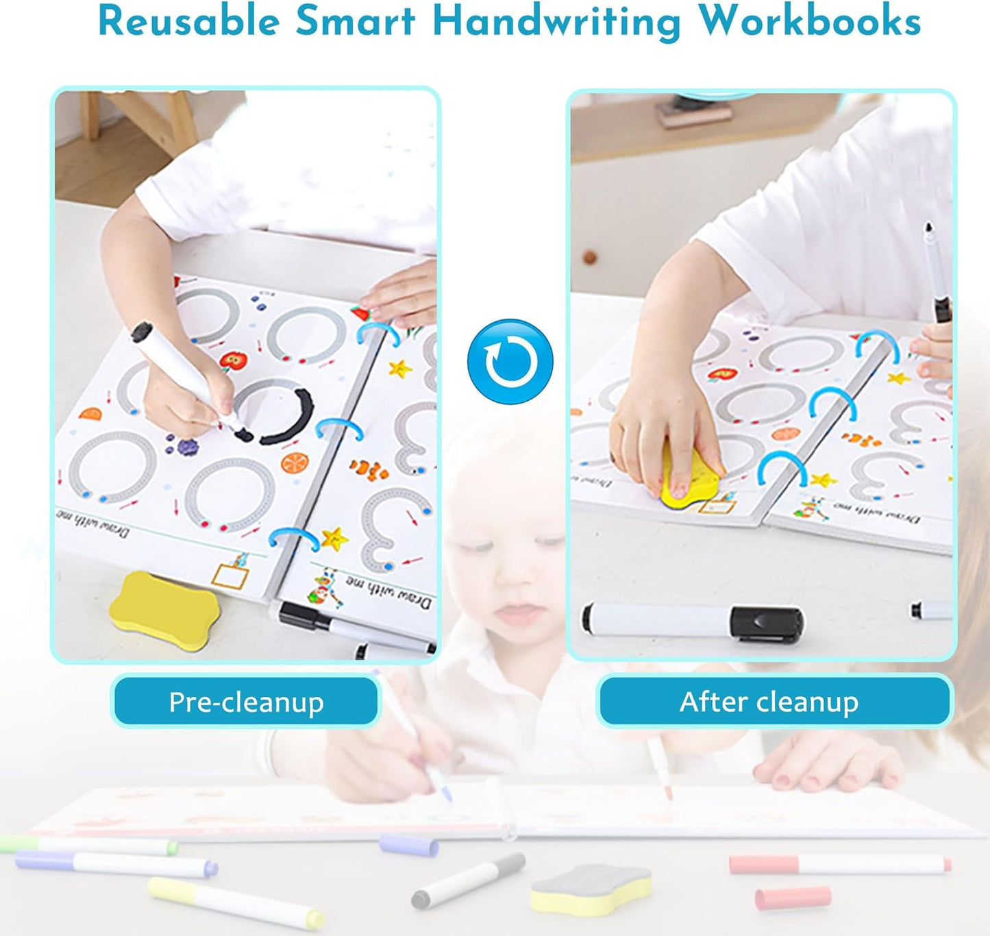 Scribble Smart Workbook, Handwriting Practice Workbook, Reusable Preschool Workbook and Tracing Book, Little Curious Mind Magic Scribble Smart Workbooks for Kid Ages 3-5 (4pcs Set)