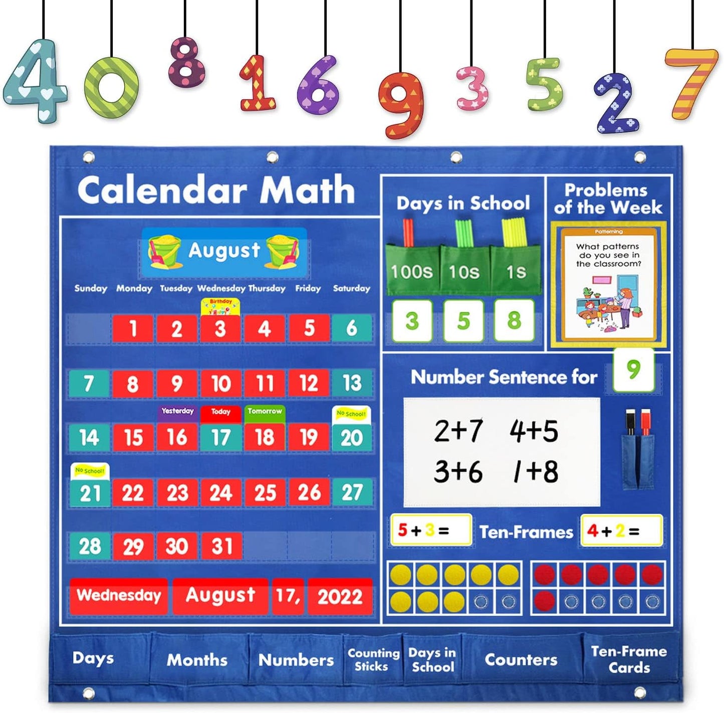 Circle Time Learning Center Pocket Chart for Classroom, Dry Erase Alphabet & Number Flash Cards, Write ABC Letter Tracing Writing Practice Games for Kids, Learning Weather Counting Color Shape
