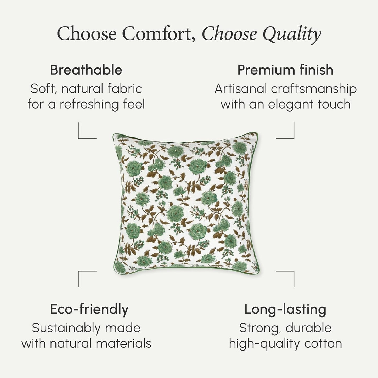 CPC 100% Cotton Throw Pillow Covers 18x18 Inch, Set of 2 Green Block Print Pattern Couch Pillow, Cute Boho Decorative Pillows for Living Room, Bedroom with Hidden Zipper- Agate Green