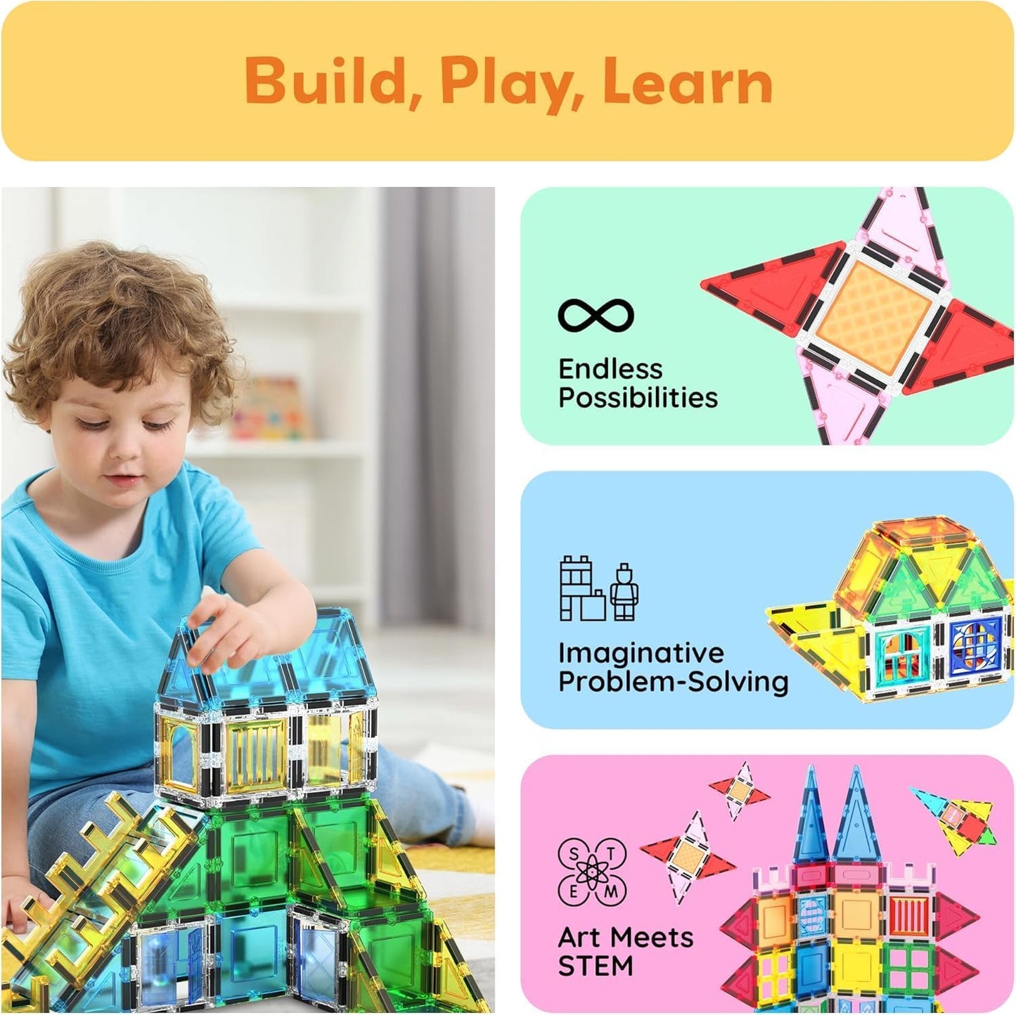 PicassoTiles 101 Piece Magnetic Tile Building Blocks Set with Durable Storage Bag STEM Educational Construction Magnet Toy Kit for Toddlers Preschool Kids Boys Girls Age 3 Plus Indoor Learning PT06