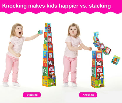 10 Pcs Nesting and Stacking Blocks for Toddlers 1-3 - Cardboard Stacking Cubes with ABC & Numbers - Montessori Educational Learning Toy - Sturdy Toddler Tower Building Set for Kids