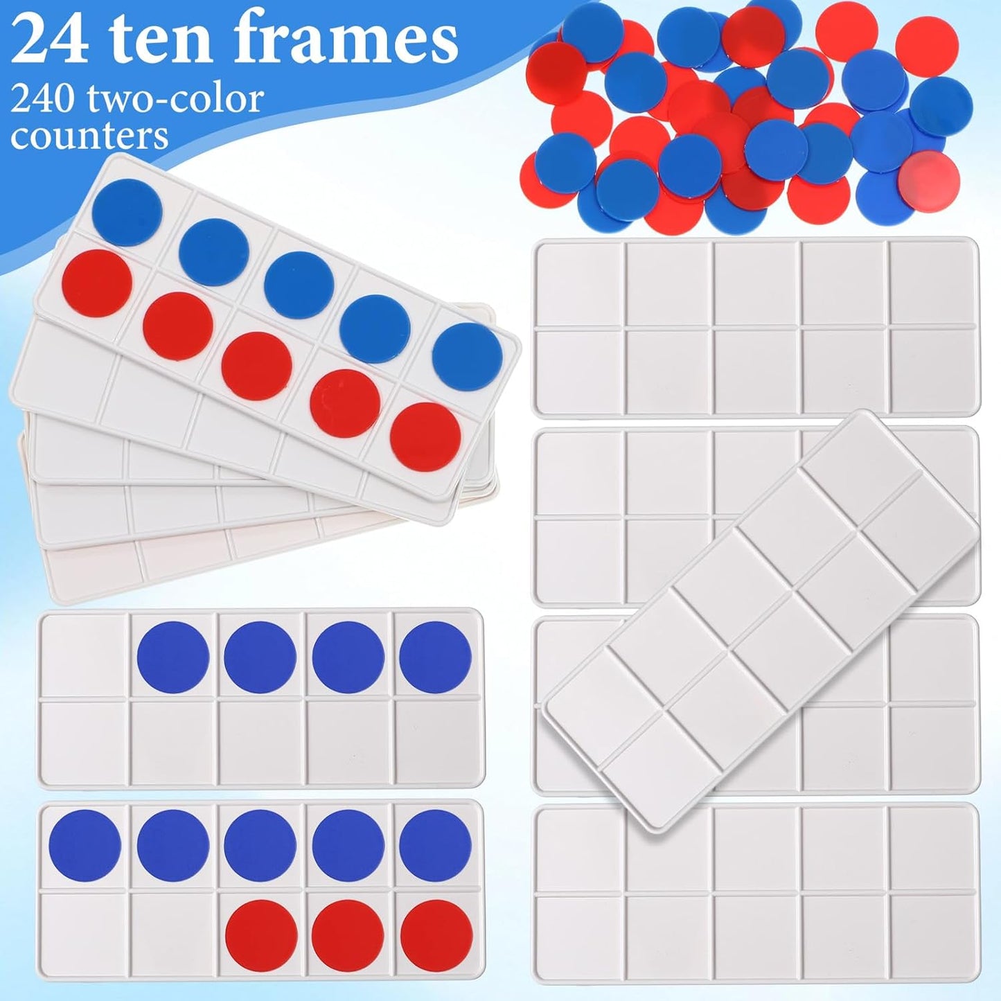 Soulchen 24 Sets Plastic Ten Frames for Classroom Math Manipulatives for Kids Classroom Math Counters Supplies Including 24 Plastic Ten Frames, 240 Counters for Teach Number Concepts (Red, Blue)