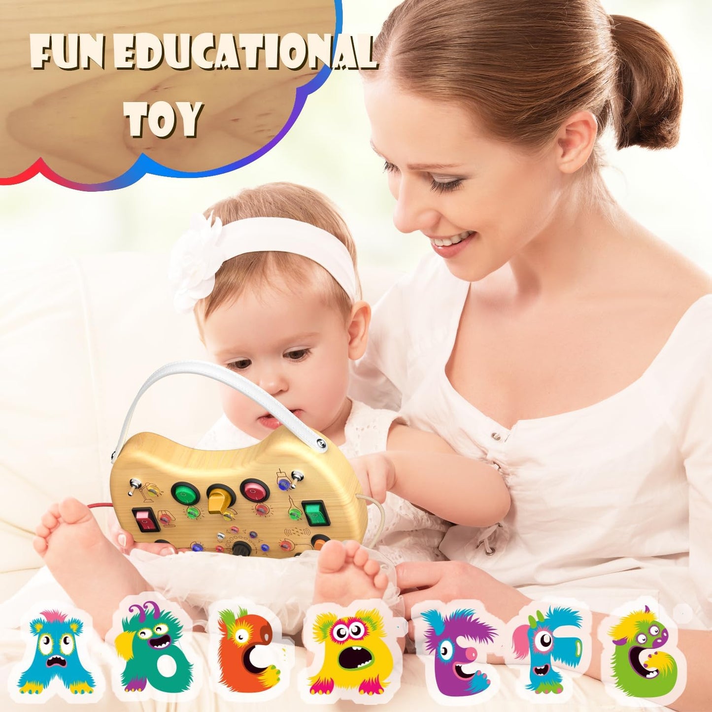 UdoUto Montessori Wooden Busy Board for Toddlers with LED Light Lights & Switches,Portable Activity Board for Car & Airplane Travel Toys, Christmas & Birthday Gift for 1-3 Year Old Boys & Girls