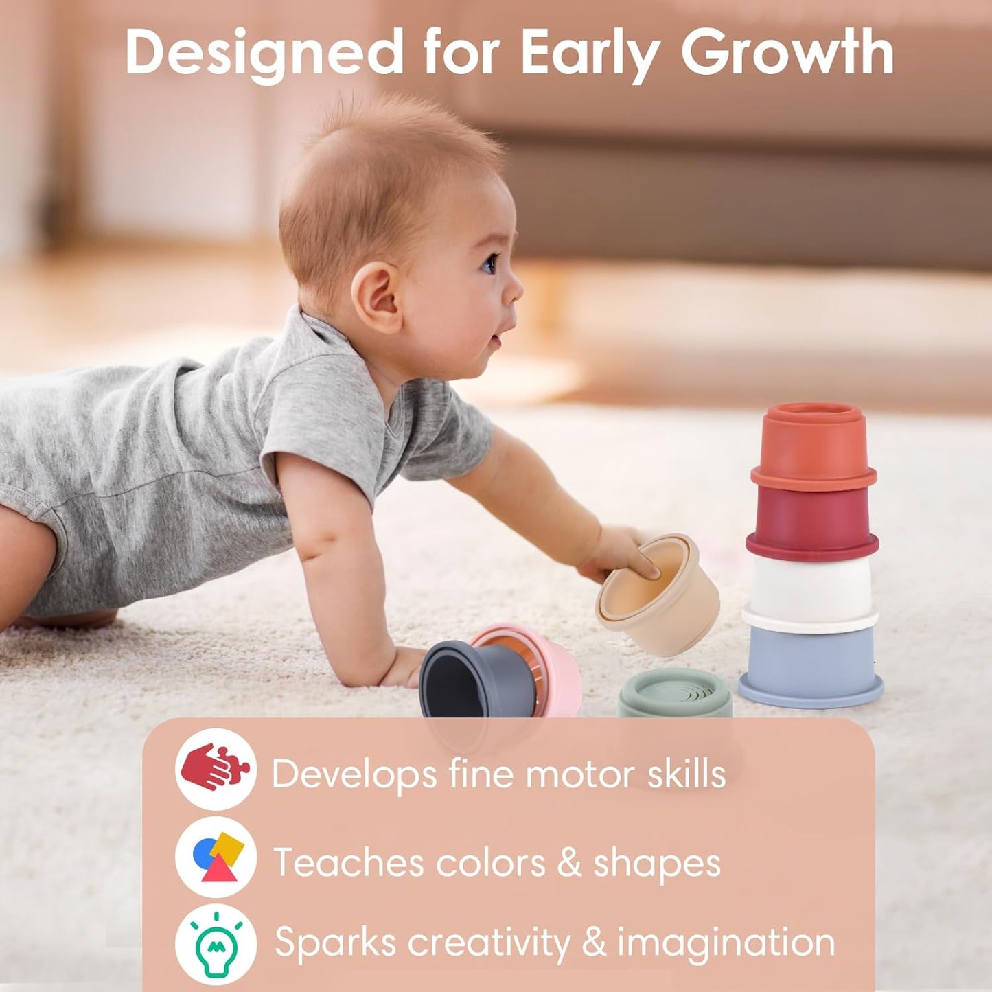 ZYFLSQ Stacking Cups Baby Toy, Nesting Cups 8 Pcs with Pattern for Kid Baby 6 Months and Up Montessori Bath Toys