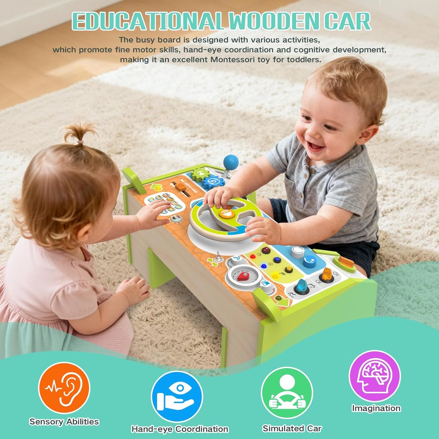 Montessori Car Busy Board for Toddlers, Wooden Sensory Steering Wheel Activity Baby Toy with Lights, Buttons, Gears & Key Start, Kids Interactive Educational Toys for Boys Girls