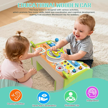 Montessori Car Busy Board for Toddlers, Wooden Sensory Steering Wheel Activity Baby Toy with Lights, Buttons, Gears & Key Start, Kids Interactive Educational Toys for Boys Girls