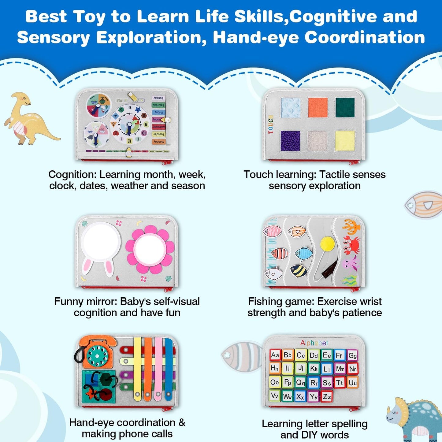 JHkim Busy Board Montessori Toys for 1 2 3 4 Year Old Boys Girls Gifts, Sensory Toy for Toddlers 1-3, Educational Activities Travel Toy for Airplane Car, Busy Book for Learning Fine Motor Skills,Blue