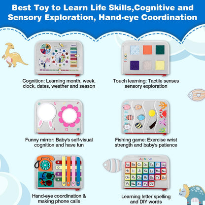 JHkim Busy Board Montessori Toys for 1 2 3 4 Year Old Boys Girls Gifts, Sensory Toy for Toddlers 1-3, Educational Activities Travel Toy for Airplane Car, Busy Book for Learning Fine Motor Skills,Blue