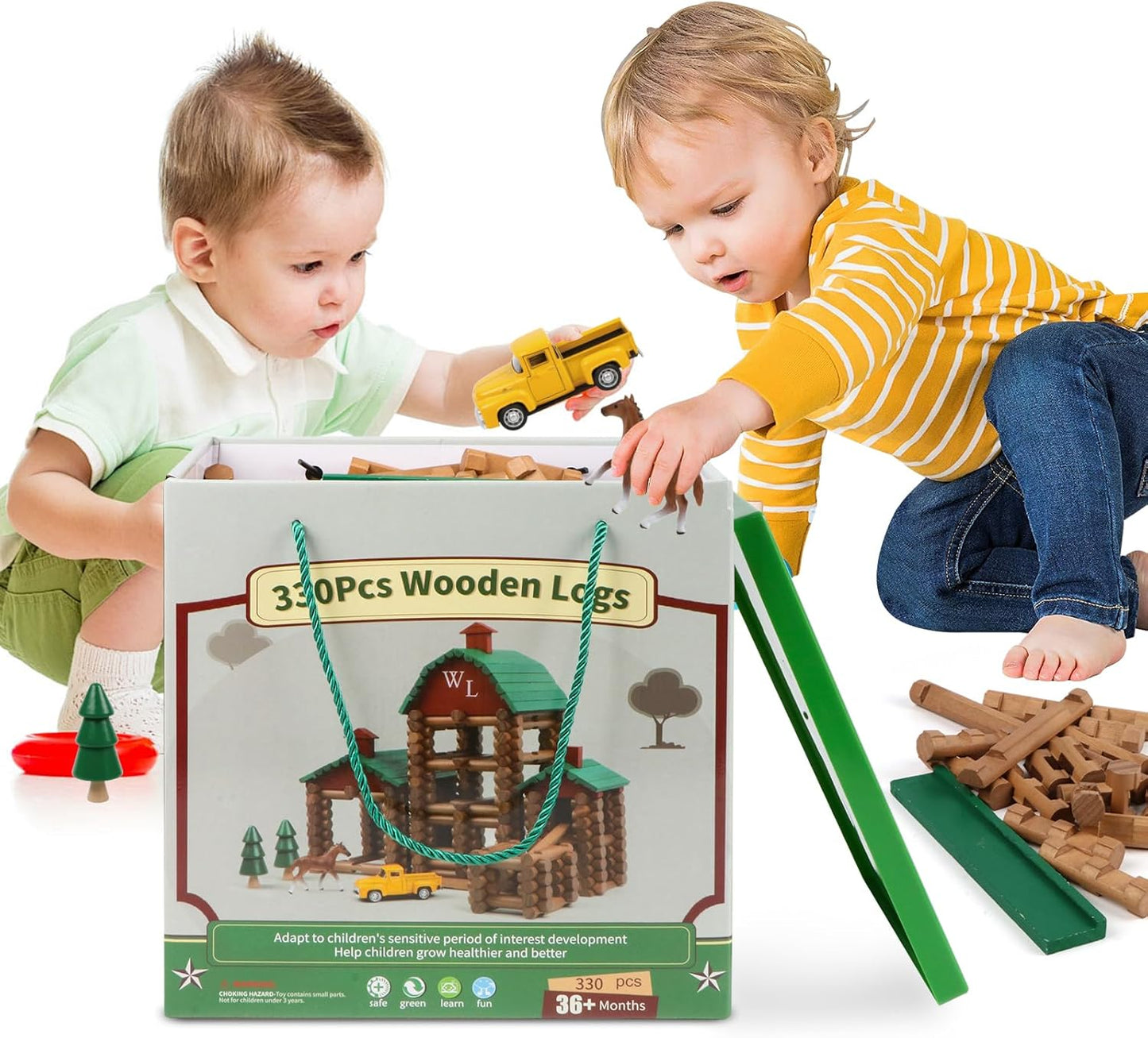 Wondertoys 208 Pcs Wooden Log Set - Classic Building Logs Ages 3+ - Best Retro Building Gift Set for Boys - Creative Construction Engineering Educational Gifts