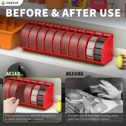 5 Inch Professional Sanding Discs Storage Bins - 8 Bins Set for Efficient Organization, Offset Snap-On Connection, Grit Classification, Space-Saving Design and Versatile Application, Red