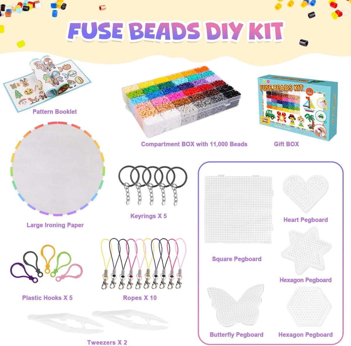 Meland Fuse Beads - 24000pcs Fuse Beads Kit for Kids, 24 Color 5MM Iron Beads Set with 4 Fluorescence Color, 6 Pegboards - Craft Kits Gifts for Birthday Christmas