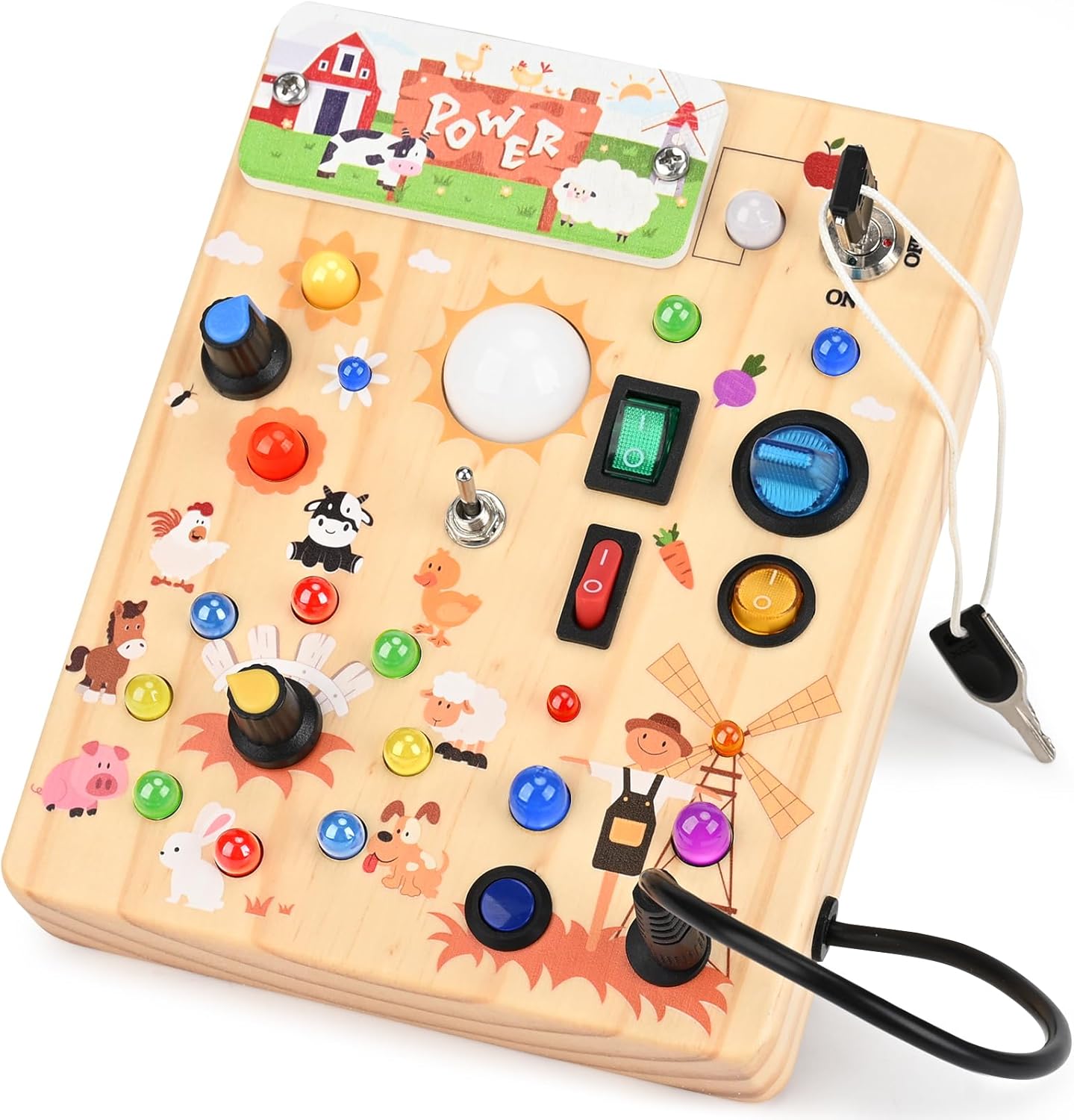 LED Busy Board for Toddlers - Montessori Sensory Toy with 10 Switches & 19 Lights, Wooden Activity Board for Fine Motor Skills, Ideal Educational Birthday Travel Toy Gift for 1 2 3 Year Old Boys Girls