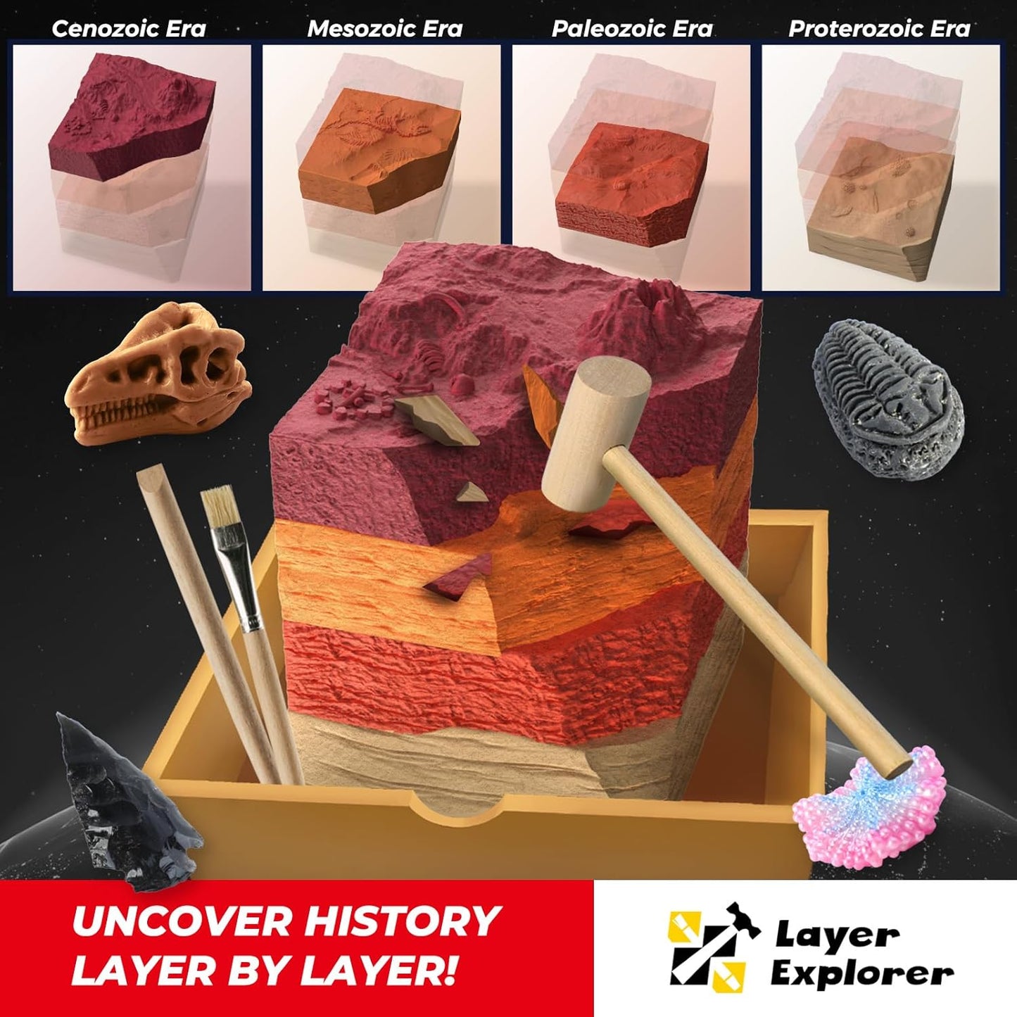 EDUMAN Paleontological Site Fossil Dig Kit for Kids, Dig Up 4 ERAS Ancient Creatures Kit, Archaeology Kits with Rocks and Minerals, Educational Stem Toy for Kids Age 6+, Birthday Gift for Boys Girls
