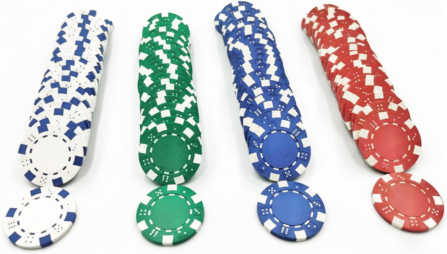SEETOOOGAMES 100 Pieces 11.5g Clay Composite Dice Striped Casino Poker Chips- 4 Colors (red, Green, White and Blue)
