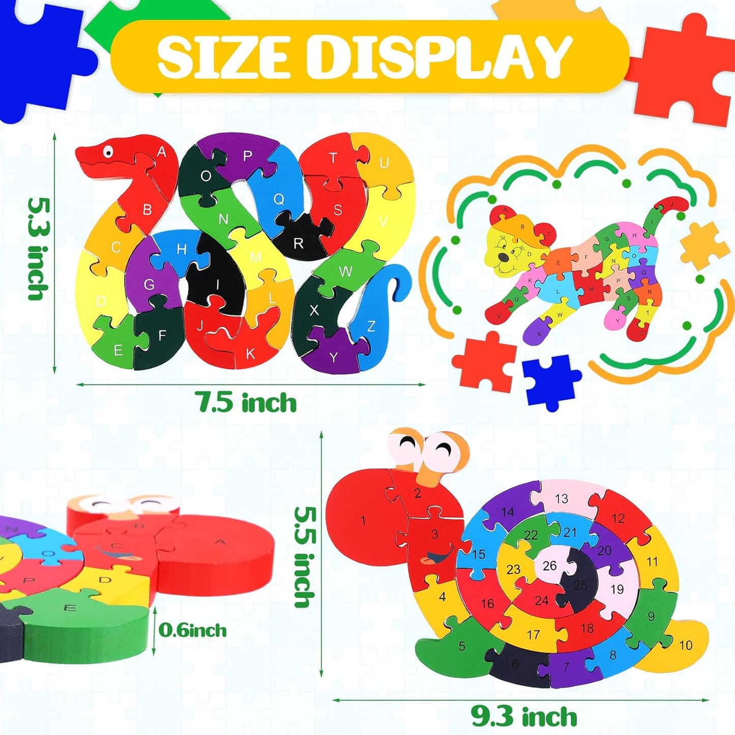 Yunsailing 4 Pcs Alphabet Jigsaw Puzzle Wooden Blocks Toys Alphabet Educational Toddler Puzzle Toys for Preschool Learning Party Favor Gift Learning (Snake, Snail, Duck, Leopard)
