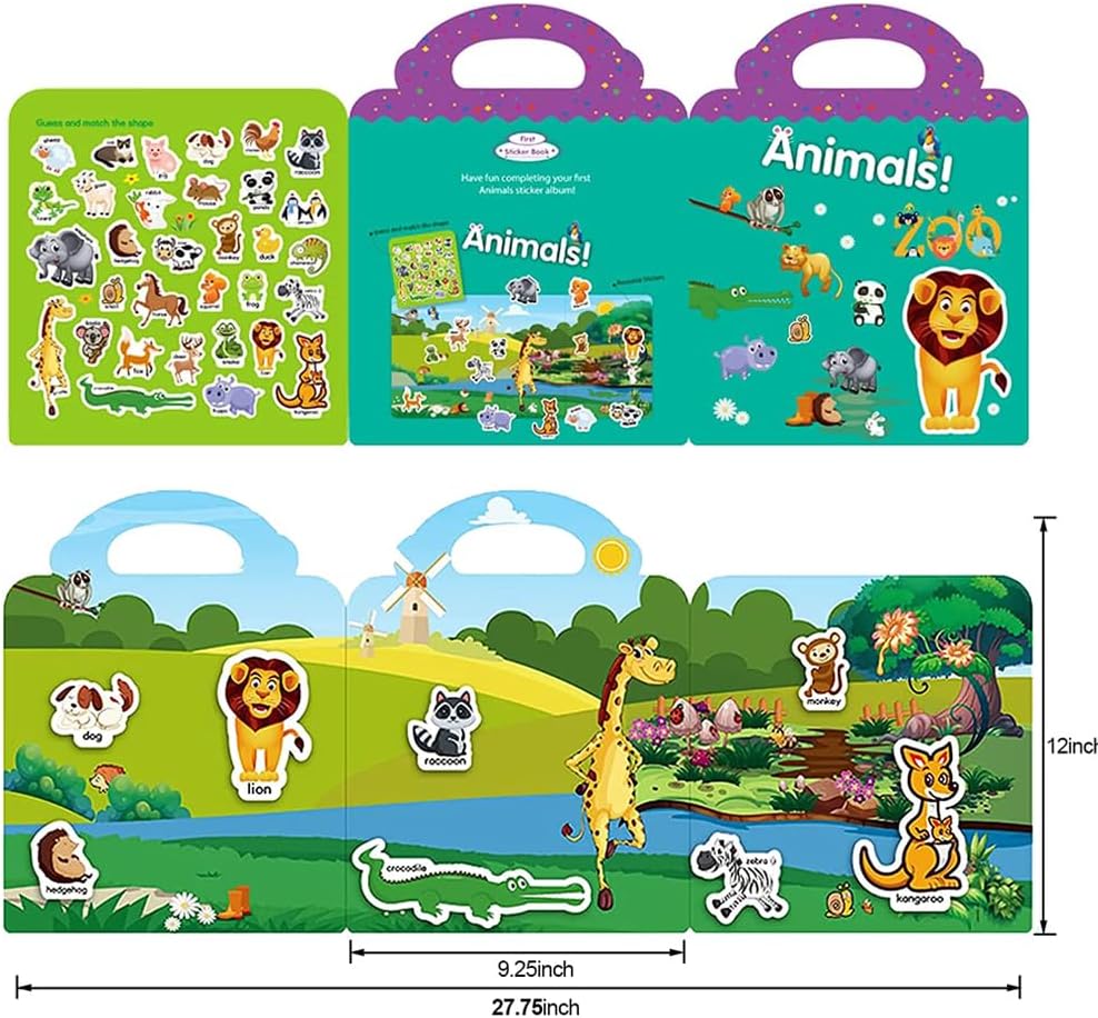 RUSON Reusable Sticker Book for Kids, 2 Sets Educational Learning Toys Travel Stickers Activity Books for Toddler Girls Boys Age 3+ Birthday Gifts - Vehicle & Dinosaur