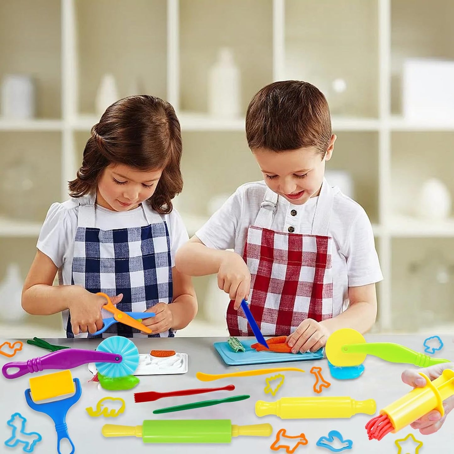 LCY WEDSHI Dough Tool Set, 9 Pcs Dough Tools Sets for Kids Ages 4-8, Dough Accessories Includes Cutters Roller, Rolling Pins, Safety Scissors, Plastic Knife, Plastic Rollers