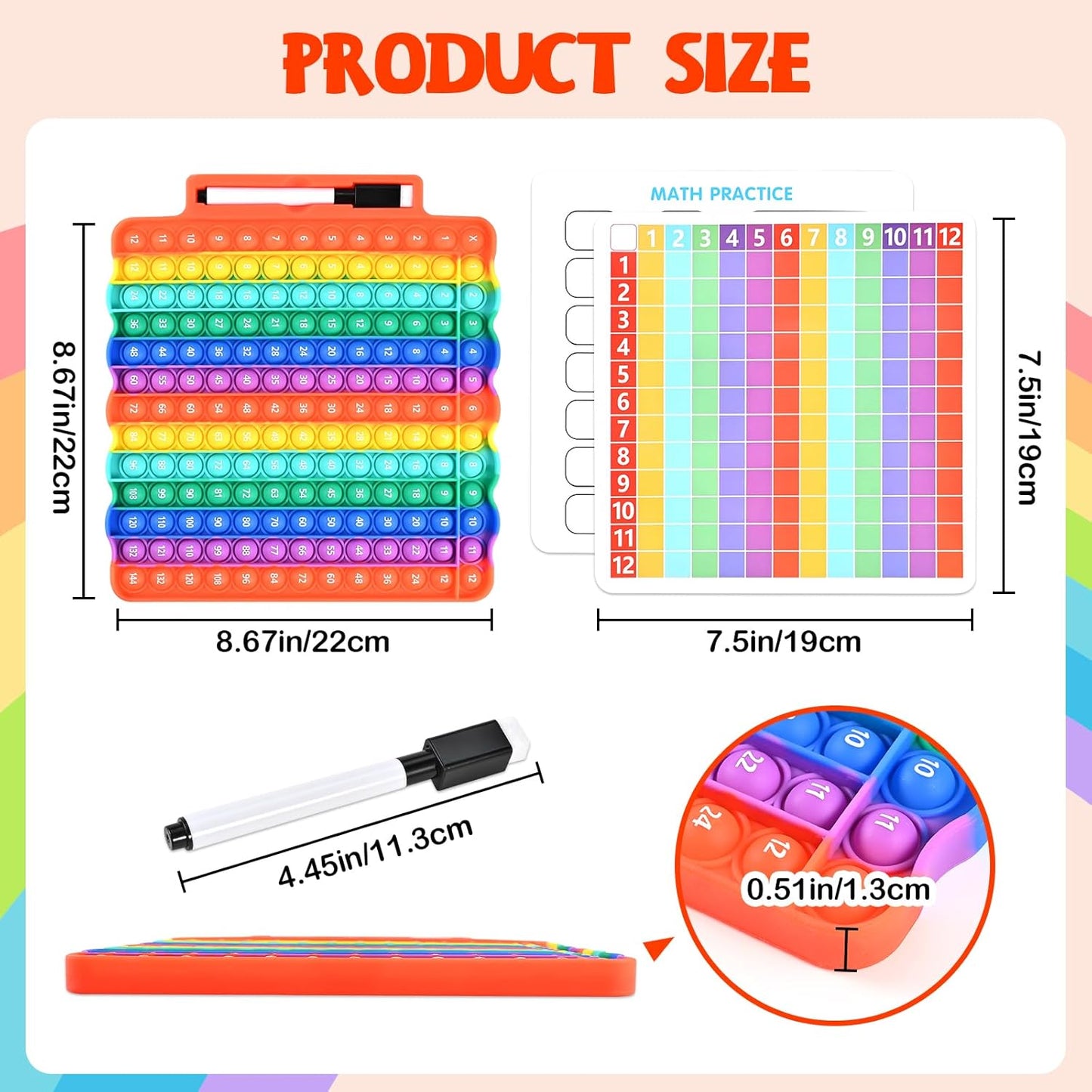 Multiplication Games for Kids, 12x12 Multiplication Board with Rainbow Charts, Double-Sided Sensory Math Learning Games with Dry Erase Marker, Addition & Multiplication
