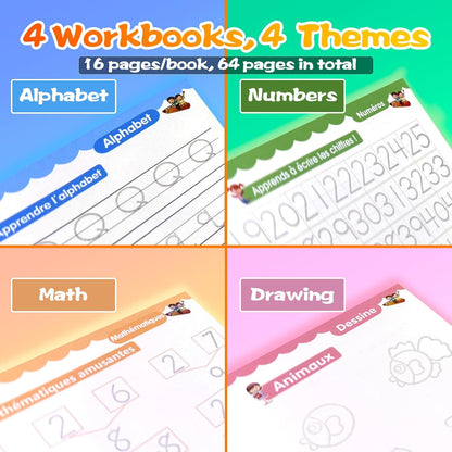 4 Magic Grooved Writing Practice for Kids - English Pre K Tracing Practice Book, Reusable Preschool Handwriting Workbooks Without Tears, 4-Theme Copybooks with Pen Refill for Age 3-10 (English, Small)