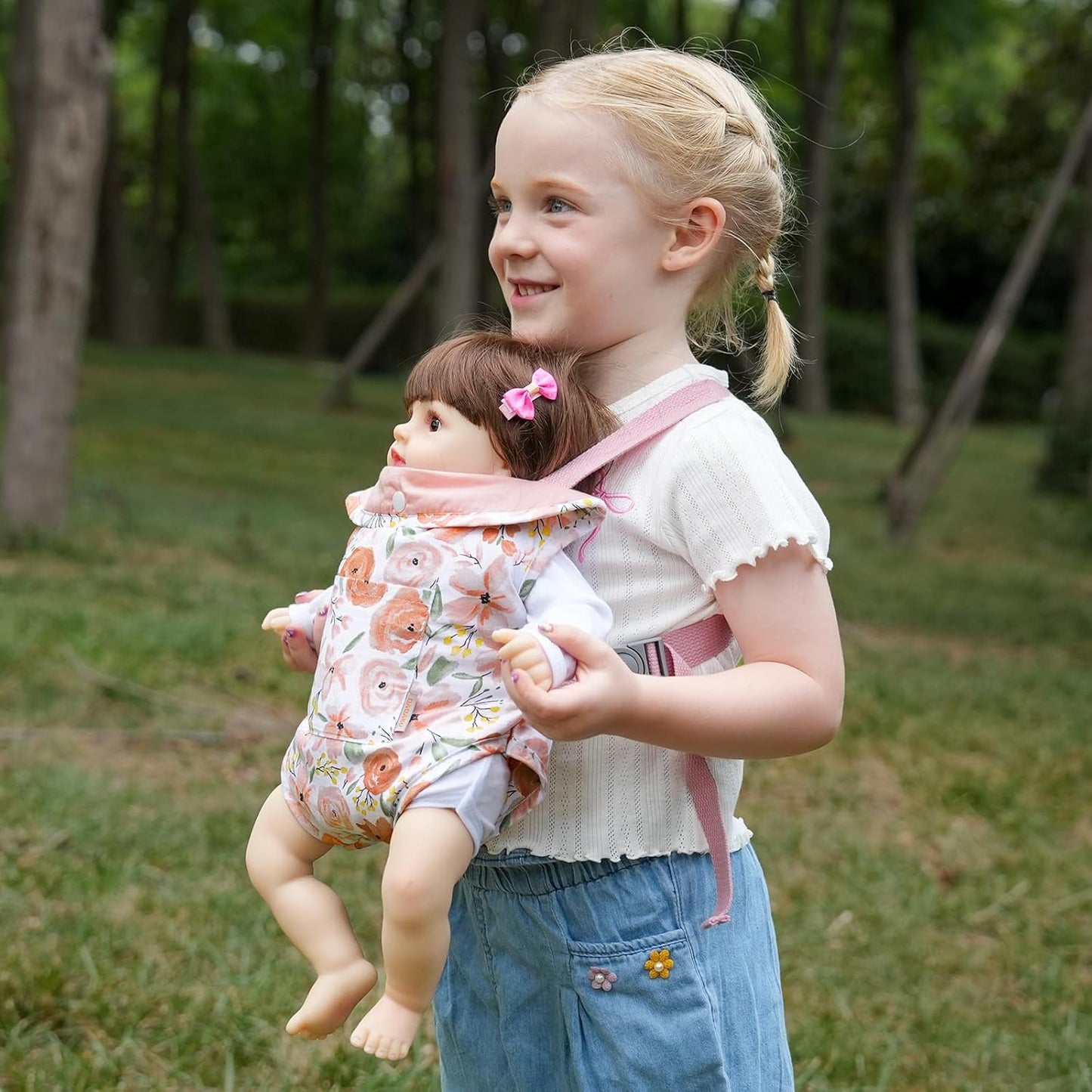 GAGAKU Baby Doll Carrier for Little Girls, Reborn Doll Accessories for Toddlers 3+ Years Old, Kids Toy Baby Dolls Sling Carrier - Pink - Moonflower