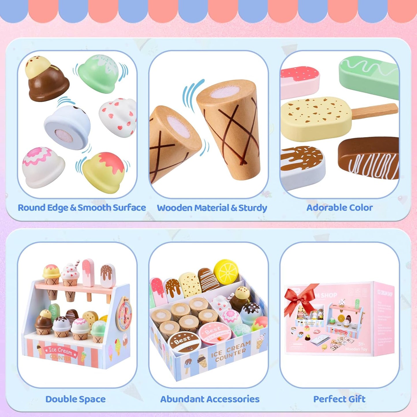 Ehome Wooden Ice Cream Toys Set Pretend Play Food Store for Kids Serve Ice Cream Counter Shop Kitchen Playset with Lucky Wheel, Scoop, Menu, Fake Money for Boys and Girls Ages 3 4 5 6 Birthday Gift