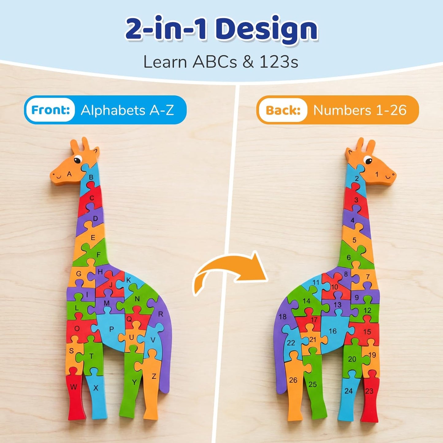 LovesTown Wooden Puzzles for Kids, Double Sided Giraffe Jigsaw with Alphabet & Numbers, Montessori Educational Toy for Toddlers, Chunky Animal Gift