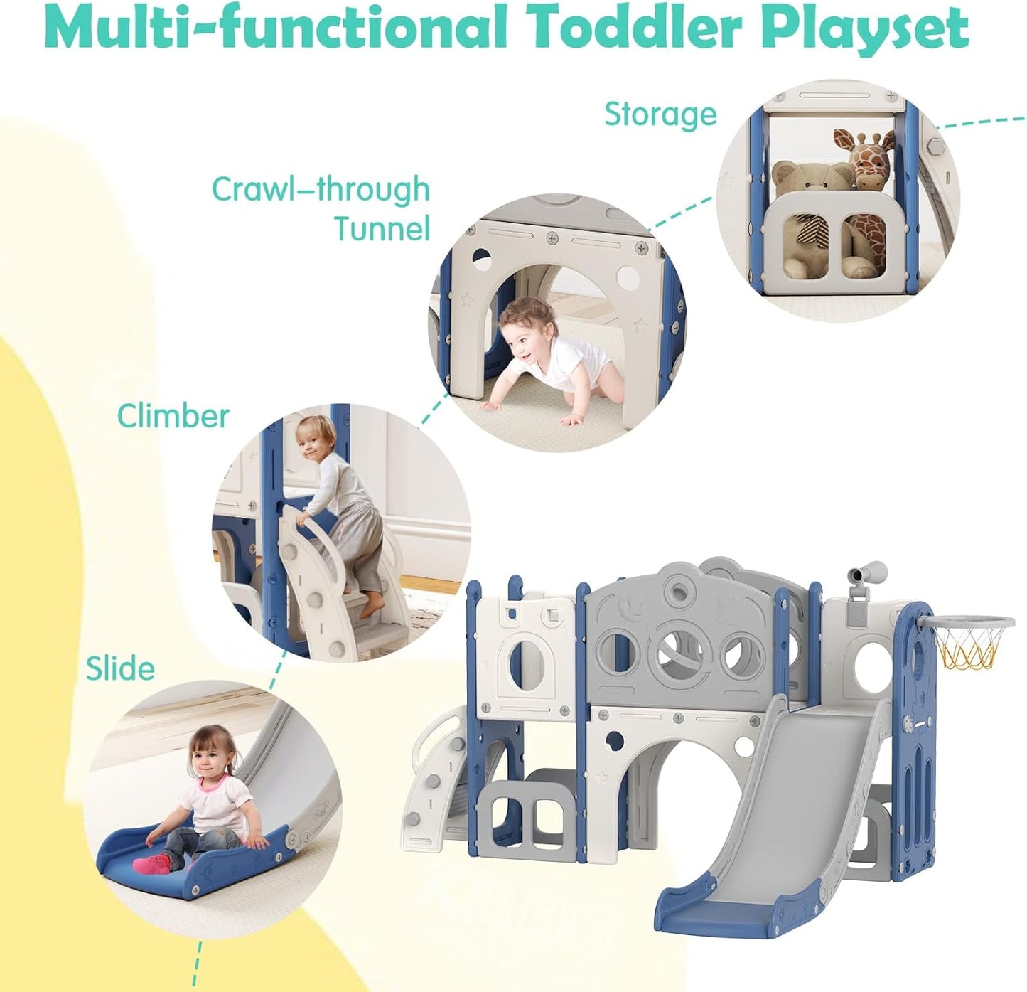 kinbor 6 in 1 Toddler Slide PlaySet - Indoor Outdoor Fun for Kids Ages 1-3, Includes Basketball Hoop, Telescope, Storage & Climber, Safe, Sturdy Baby Slide for Backyard Playground, Blue
