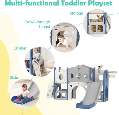 kinbor 6 in 1 Toddler Slide PlaySet - Indoor Outdoor Fun for Kids Ages 1-3, Includes Basketball Hoop, Telescope, Storage & Climber, Safe, Sturdy Baby Slide for Backyard Playground, Blue
