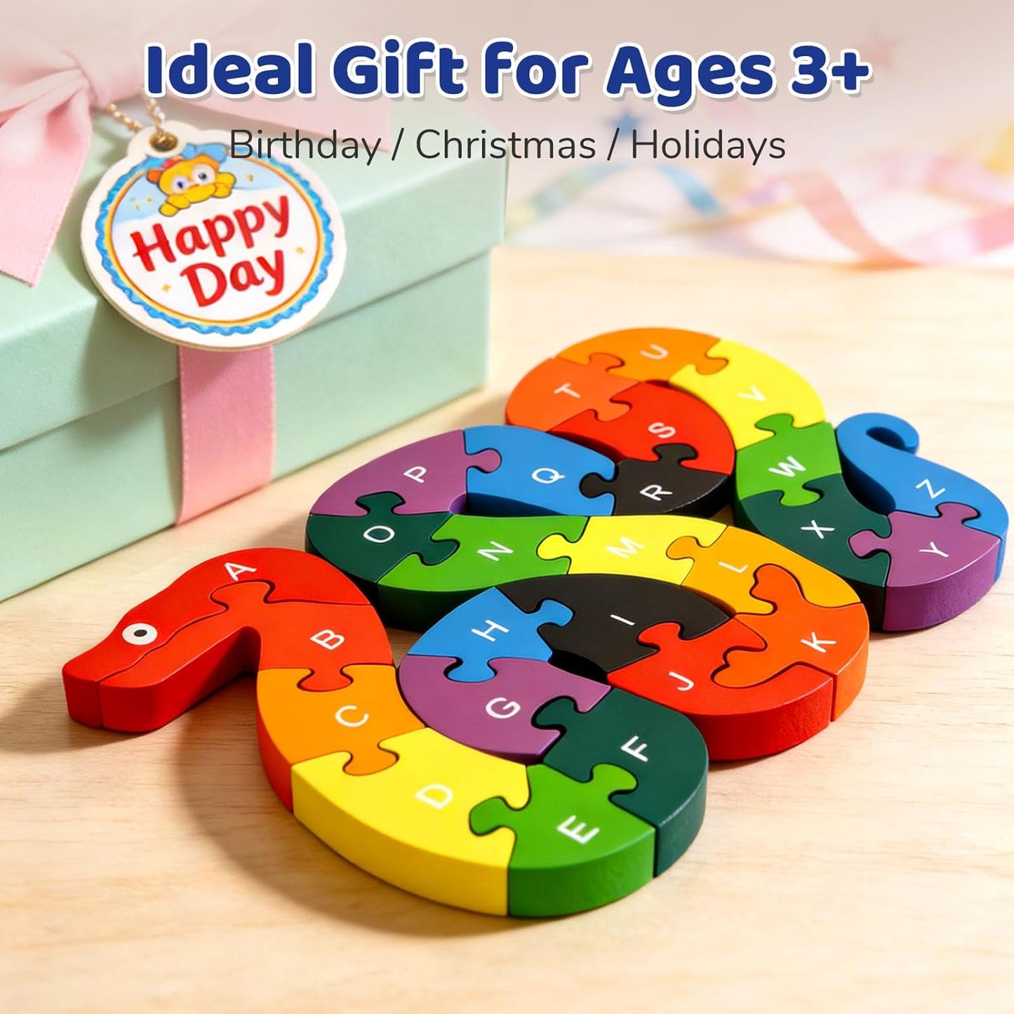 LovesTown Wooden Puzzles for Kids, Double Sided Giraffe Jigsaw with Alphabet & Numbers, Montessori Educational Toy for Toddlers, Chunky Animal Gift
