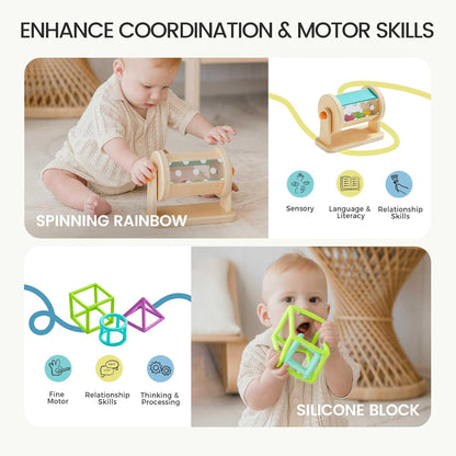 Tiny Land Montessori Toy Set for Babies 7-9 Months Senser Play Kit - 5-in-1 Wooden Learning Toys with Object Permanence Box, Sensory Ball, Stacking Cups and Mirror Puzzle,Body Board Book