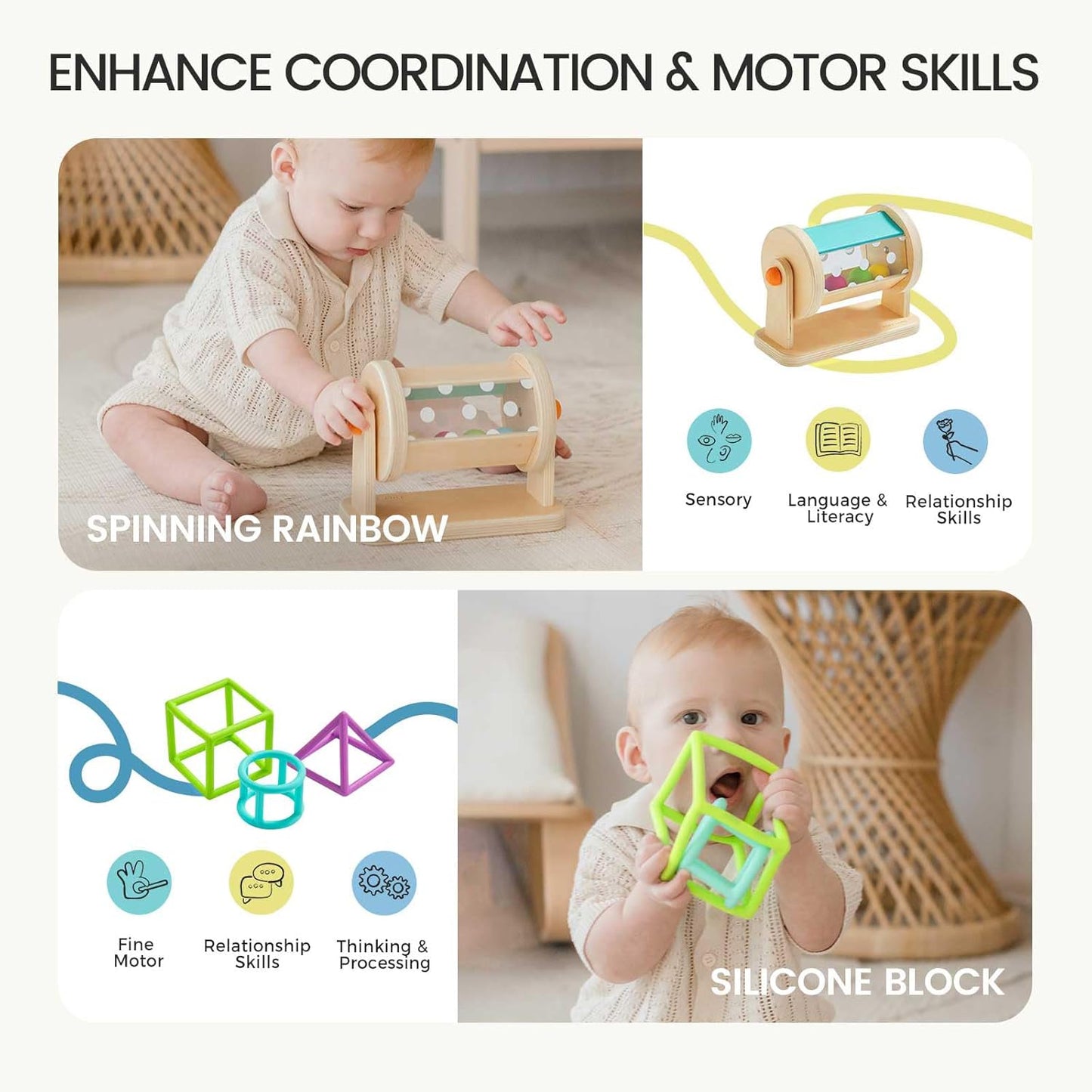 Tiny Land Montessori Baby Toy Set 0-3 Months Newborn Development Sensory Play Kit - 5-in-1 Mirror, Black & White Card Set, Rolling Bell, Play Mat, and Bed Wrap