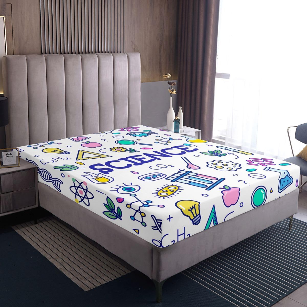 Erosebridal Chemistry Lab Fitted Sheet Twin Size Chemical Equation Bed Sheets for Boys Girls Chemical Elements Science Theme Bed Set Teens Kids Science Students Bedding Set School Dorm Room Decor