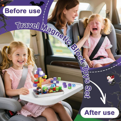 QOUBAI 45PCS Mini Magnetic Blocks Travel Toys, Magnet Building Cubes Tiles Set with Portable Iron Case, Learning Activities Gifts for Kids Toddlers Boys & Girls Ages 3-8 (Construction)