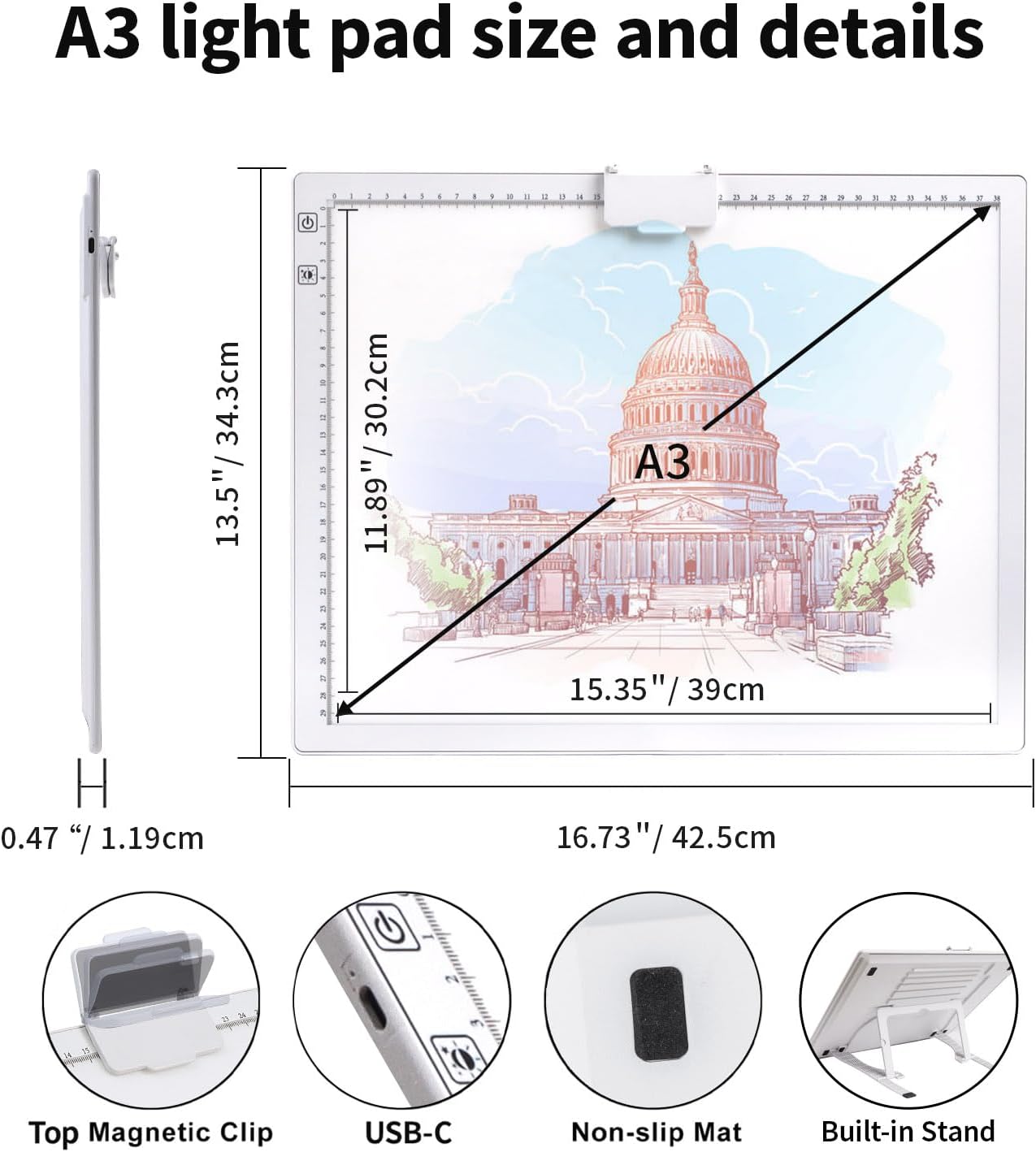 Rechargeable A3 Light Pad for Diamond Painting,Tracing Light Box with Stand and Clip,3 Colors Stepless Dimmable and 6 Levels of Brightness Light Board for Artists,Drawing,Sketching,Animation