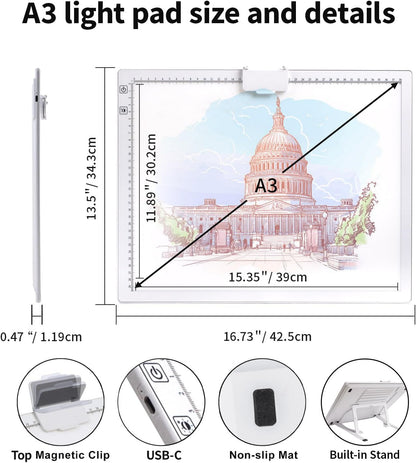 Rechargeable A3 Light Pad for Diamond Painting,Tracing Light Box with Stand and Clip,3 Colors Stepless Dimmable and 6 Levels of Brightness Light Board for Artists,Drawing,Sketching,Animation