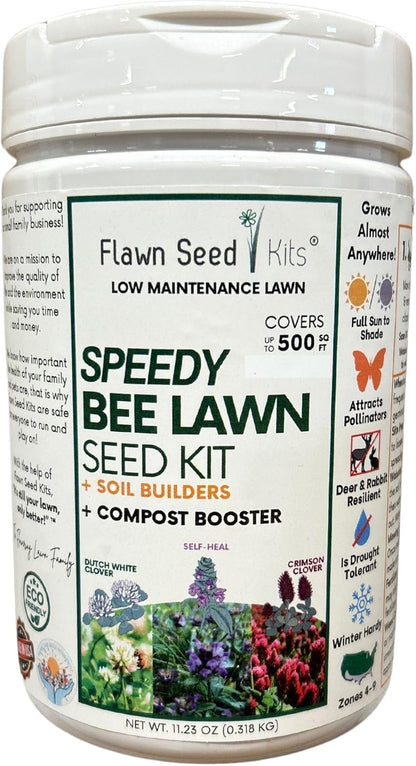 Flawn Seed Kits Speedy Bee Lawn, 500 SqFt, Dutch & Crimson Clover, Self-Heal, Easy to Spread, Low Maintenance, Pet, Kid, Eco-Friendly Regenerative