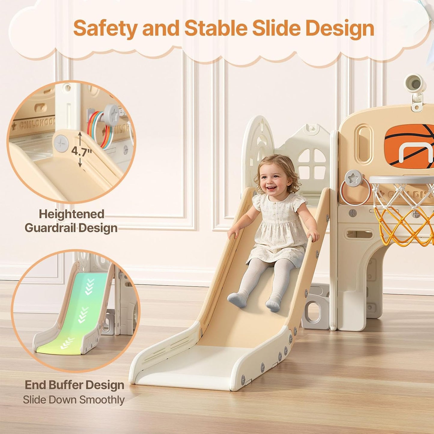 BIERUM 9 in 1 Toddler Slide, Kid Slide for Toddlers Age 1-3 with Ring Toss, Basketball Hoop, and Telescope, Indoor Outdoor Playset Playground Beige Gray