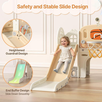 BIERUM 9 in 1 Toddler Slide, Kid Slide for Toddlers Age 1-3 with Ring Toss, Basketball Hoop, and Telescope, Indoor Outdoor Playset Playground Beige Gray
