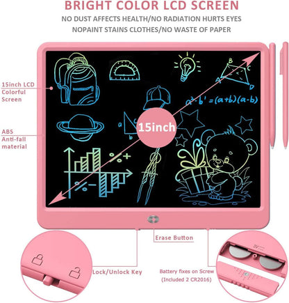 FLUESTON LCD Writing Tablet for Kids, 10 Inch Doodle Board, Colorful Drawing Pad for Toddler, Educational Travel Toy Gifts for 3-8 Year Old Girls Boys, Erase Lock Writing Board